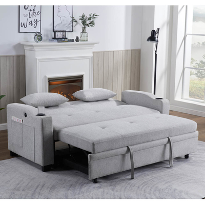 Queen Size Convertible Sofa Sleeper Bed, удобная вытяжная кровать с регулируемой спинкой и USB-портом зарядки и держателями чашек, Futon Sofa Bed, серая ткань