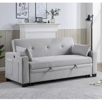 Queen Size Convertible Sofa Sleeper Bed, удобная вытяжная кровать с регулируемой спинкой и USB-портом зарядки и держателями чашек, Futon Sofa Bed, серая ткань