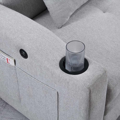 Queen Size Convertible Sofa Sleeper Bed, удобная вытяжная кровать с регулируемой спинкой и USB-портом зарядки и держателями чашек, Futon Sofa Bed, серая ткань