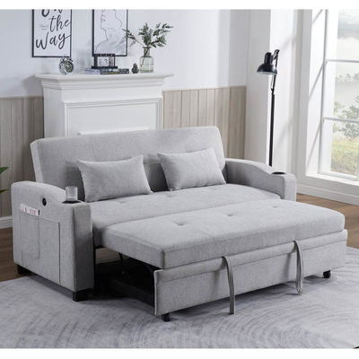 Queen Size Convertible Sofa Sleeper Bed, удобная вытяжная кровать с регулируемой спинкой и USB-портом зарядки и держателями чашек, Futon Sofa Bed, серая ткань