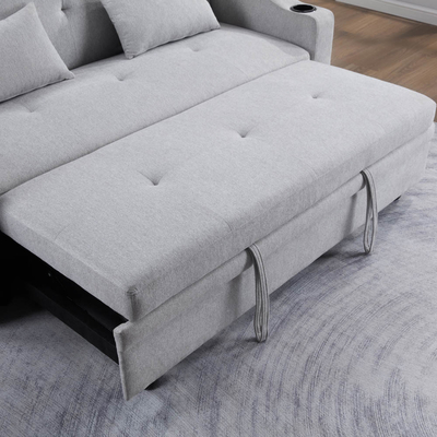 Queen Size Convertible Sofa Sleeper Bed, удобная вытяжная кровать с регулируемой спинкой и USB-портом зарядки и держателями чашек, Futon Sofa Bed, серая ткань