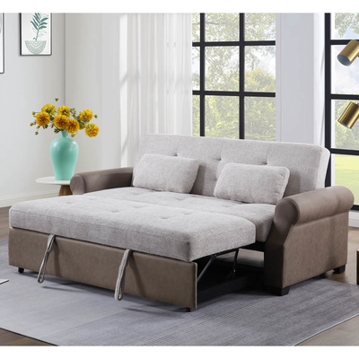 Queen Size Convertible Sleeper Sofa Bed, Удобная вытяжная кровать с регулируемой спинкой, Futon Sofa Bed, серая ткань и тёмно-коричневая ткань