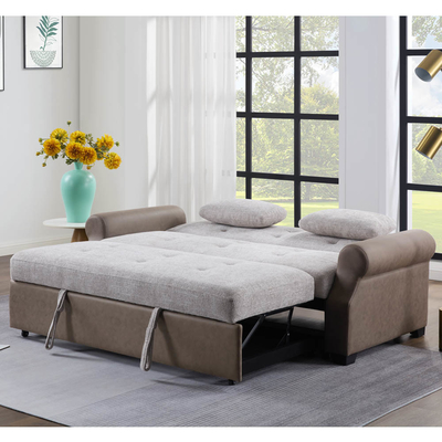 Queen Size Convertible Sleeper Sofa Bed, Удобная вытяжная кровать с регулируемой спинкой, Futon Sofa Bed, серая ткань и тёмно-коричневая ткань