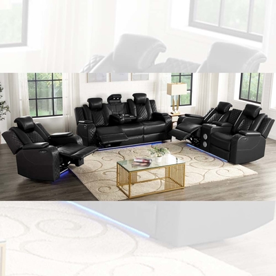 Power Recliner диванный набор с Power Recliner сиденья и Power Headrests и выпадающий стол и Bluetooth аудио динамик и хранилище коробки и хранилища рук и светодиодный свет, черный дышащий кожаный