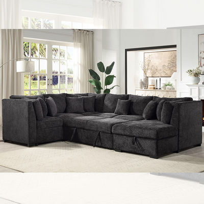 У-образный секционный спальный диван с выдвижной кроватью и хранилищем кресло-салон, черная ткань