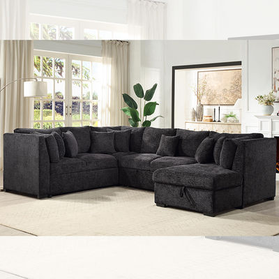 У-образный секционный спальный диван с выдвижной кроватью и хранилищем кресло-салон, черная ткань