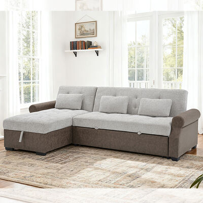 L-Shaped Sectional Sleeper Sofa with Pull-Out Bed and Adjustable Backrest and Storage Chaise, Gray & Dark Brown