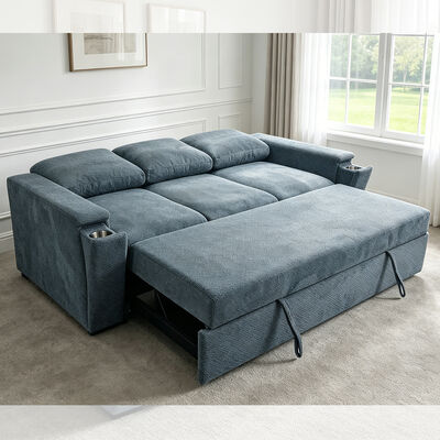 Диванная кровать Futon, диванная кровать с конвертируемым спальным диваном, удобная выдвижная кровать с регулируемой спинкой, рука с скрытыми держателями стальных чашек, синяя ткань