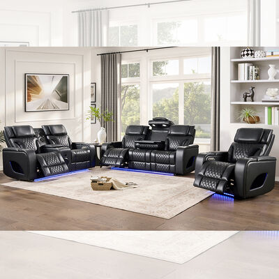 Power Recliner диванный набор с Power Recliner сиденья и Power Headrests и выпадающий стол и динамик и хранилище и светодиодный свет, массажная функция, черный кожаный