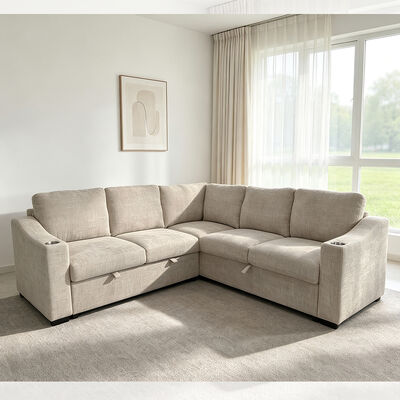 L-Shaped Sectional Sleeper Sofa with Pull Out Bed and Storage Sofa and Cup holders, Taupe Fabric