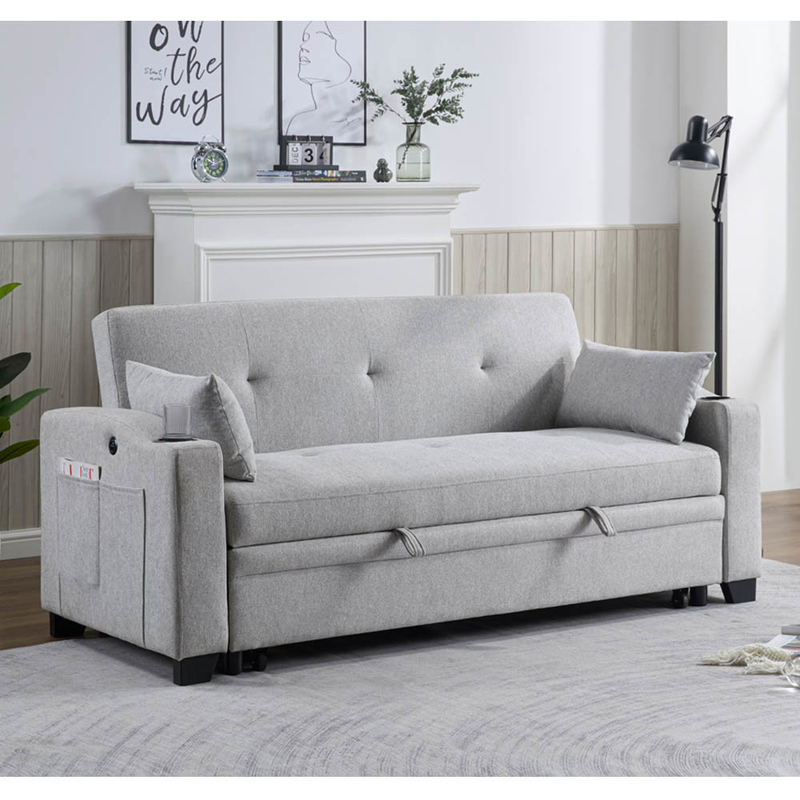 Queen Size Convertible Sofa Sleeper Bed, удобная вытяжная кровать с регулируемой спинкой и USB-портом зарядки и держателями чашек, Futon Sofa Bed, серая ткань