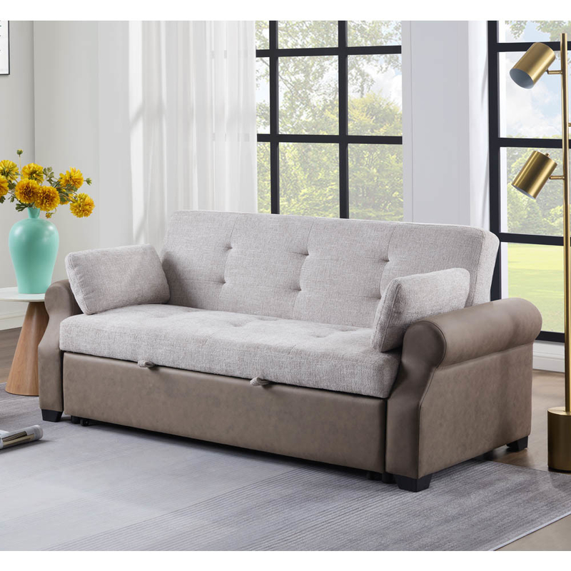 Queen Size Convertible Sleeper Sofa Bed, Удобная вытяжная кровать с регулируемой спинкой, Futon Sofa Bed, серая ткань и тёмно-коричневая ткань