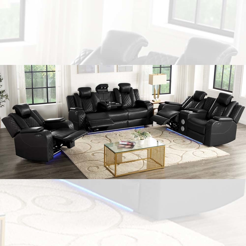Power Recliner диванный набор с Power Recliner сиденья и Power Headrests и выпадающий стол и Bluetooth аудио динамик и хранилище коробки и хранилища рук и светодиодный свет, черный дышащий кожаный